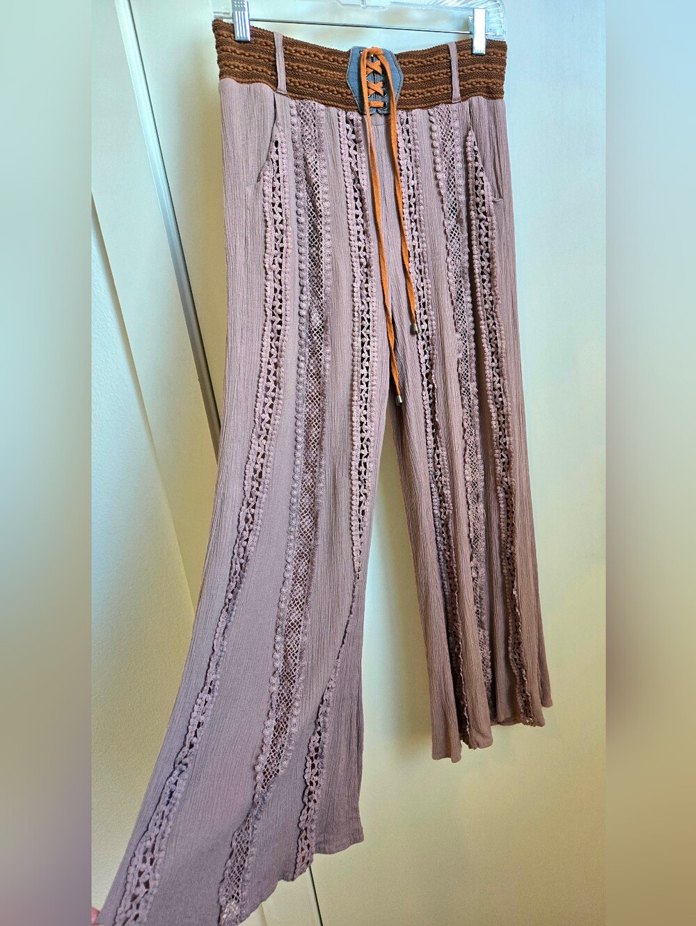 Boho Wide Leg Crochet-Trim Pants in Mauve